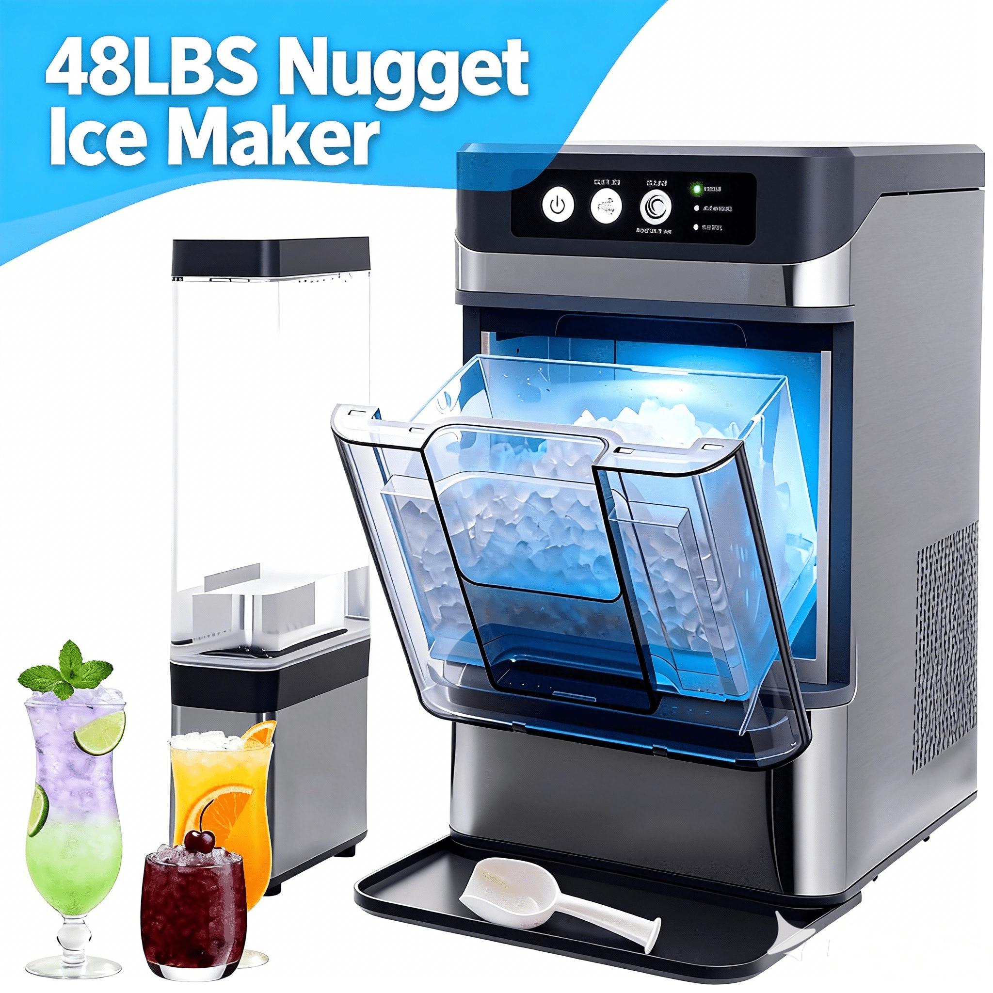 SHZOND Nugget Ice Maker Countertop with Self-Cleaning, 48lbs/24Hrs, 6-Min Quick Ice, Chewable & Crunchy Pellet Ice, 4.3L Dual-Tank for Home Kitchen Bar Countertop