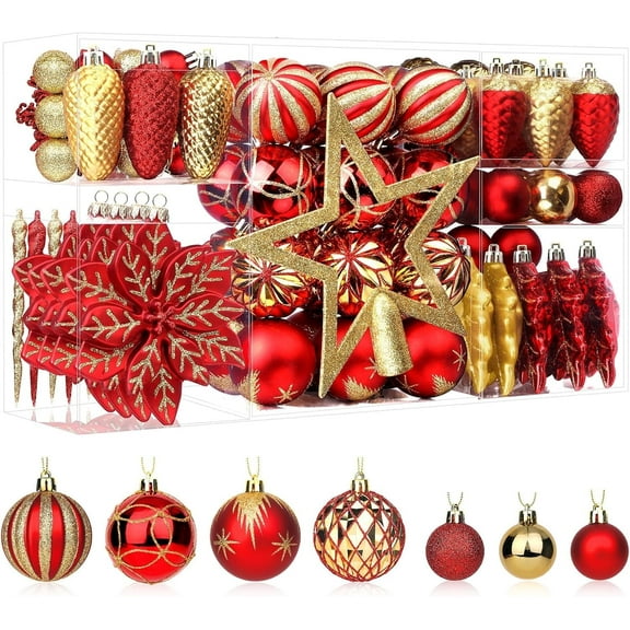 Alupssuc 106ct Christmas Balls Ornaments Set, Colorful Shatterproof Plastic Decorative Baubles for Xmas Tree Decor, Red & Gold