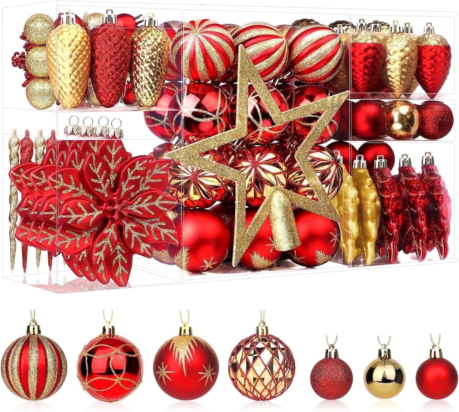 Alupssuc 106ct Christmas Balls Ornaments Set, Colorful Shatterproof Plastic Decorative Baubles for Xmas Tree Decor, Red & Gold