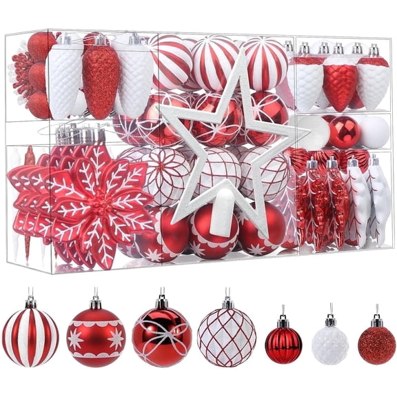 Alupssuc 106ct Christmas Balls Ornaments Set, Colorful Shatterproof Plastic Decorative Baubles for Xmas Tree Decor, Red & White