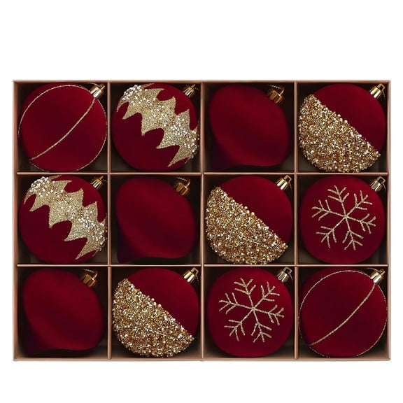 12CT 3.15 Inch Christmas Decorations Balls, Velvet Shatterproof Xmas Tree Ornaments, Plastic Baubles for Holiday, Party, Wedding or Home Décor, Wine Red & Gold (8cm)
