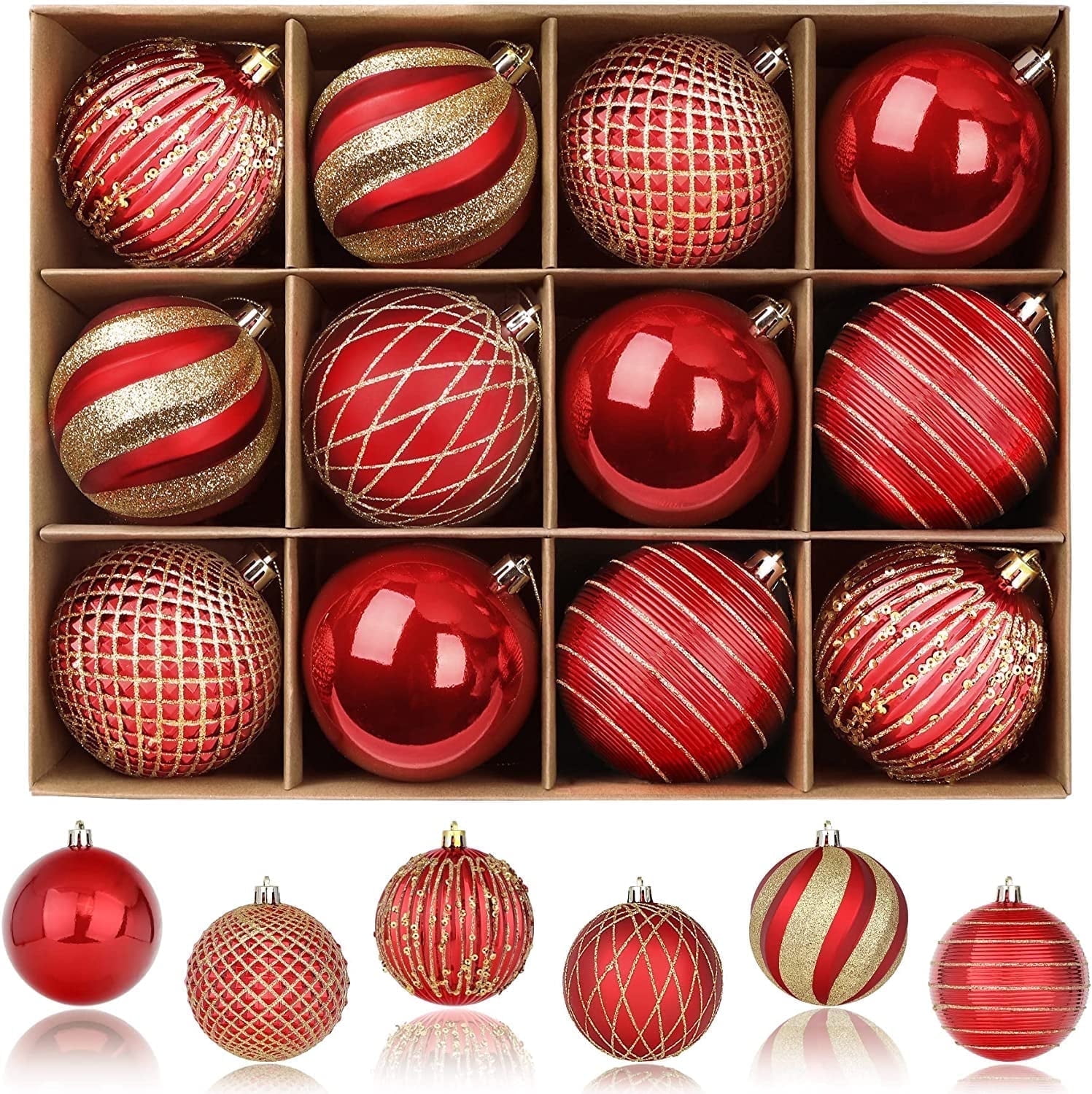 12ct Christmas Ball Ornaments, 3.15 Inch Shatterproof Xmas Tree Decorations, Plastic Baubles for Holiday, Party, Wedding, or Home Decor, Red & Gold