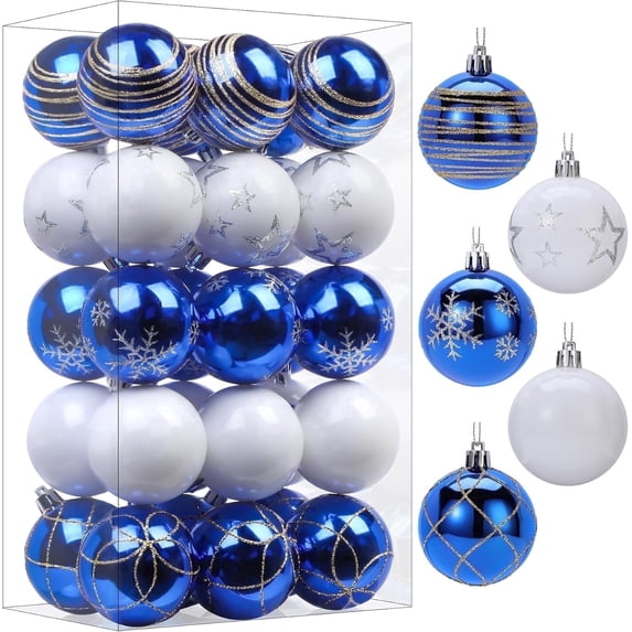 Lolsea 30ct Christmas Ball Ornaments, 2.36 in Shatterproof Xmas Tree Decorations, Plastic Baubles for Holiday, Party, Wedding, or Home Decor, Blue & White