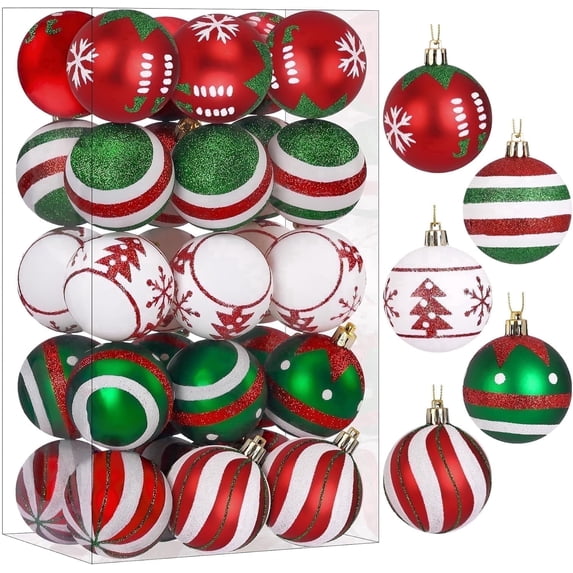 Lolsea 30ct Christmas Ball Ornaments, 2.36 in Shatterproof Xmas Tree Decorations, Plastic Baubles for Holiday, Party, Wedding, or Home Decor, Red & Green & White