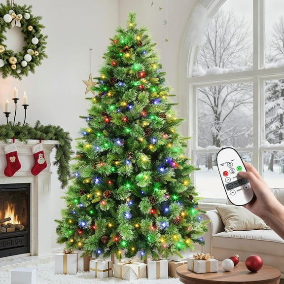Alupssuc 4.5ft Prelit Artificial Hinged Christmas Pine Tree with Remote Control, Upgraded Version with Pre-Lit Warm White & Multi-Color Lights