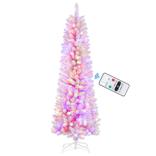 SHareconn 6ft Prelit Artificial Snow Flocked Pencil Christmas Tree with