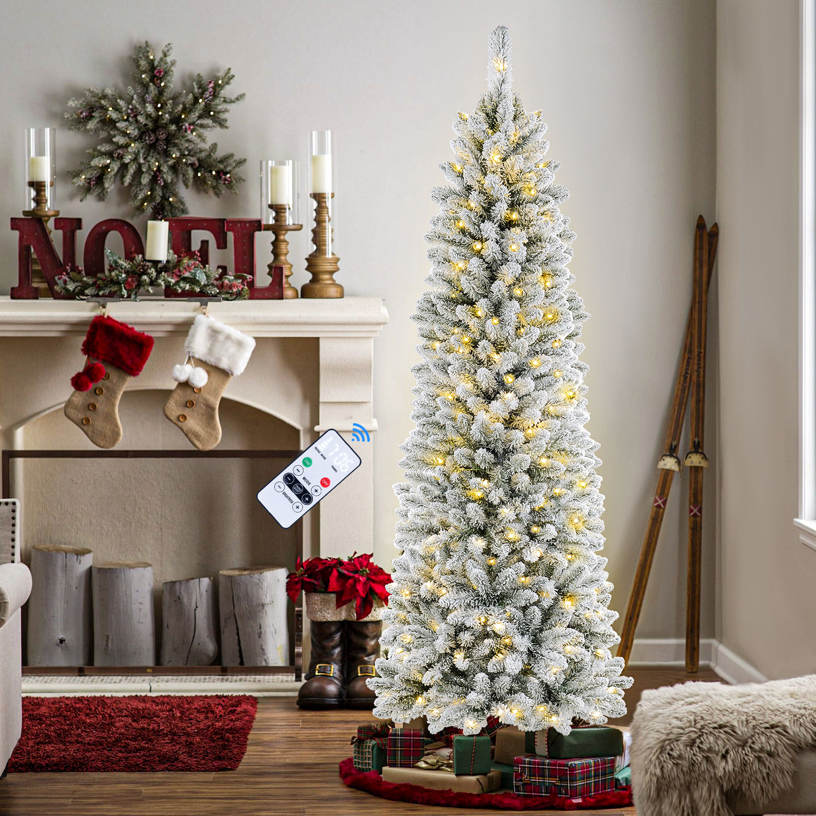 6ft Pre-lit Snow Flocked Artificial Christmas Tree – With Remote & Warm White Lights