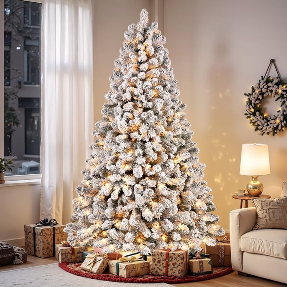Lolsea 6.5ft Prelit Snow Flocked Artificial Holiday Christmas Tree w/ Warm White Lights, Foldable Stand, Full Snow Branch Tips