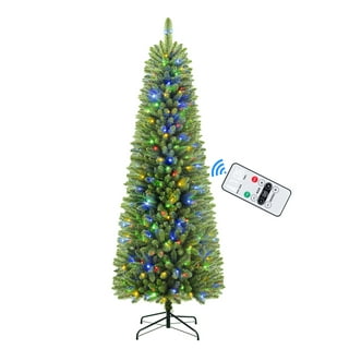 Pre-lit Artificial Christmas Trees, Seizeen 7.6FT Lighted Green Xmas Tree  W/ Lights, DIY Decor Trees with Remote Control for 8 Llight Modes, Indoor