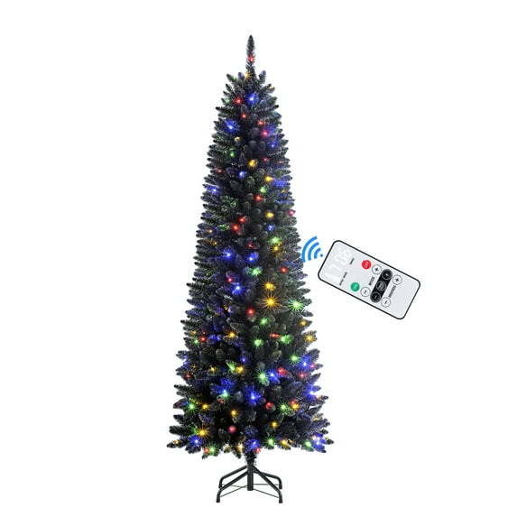 SHareconn 6ft Premium Prelit Artificial Hinged Slim Pencil Christmas Tree with Remote Control, 240 Warm White & Multi-Color Lights, Full Branch Tips, First Choice Decorations for Xmas, Black