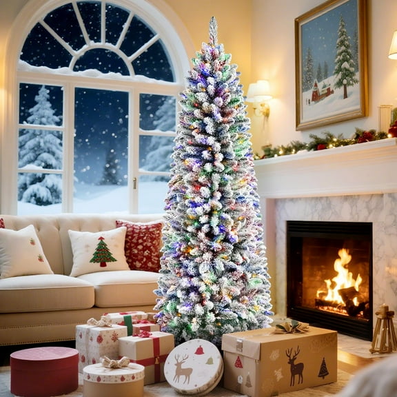 Alupssuc 7.5ft Premium Prelit Artificial Hinged Snow Flocked Slim Pencil Christmas Tree w/ Remote Control, 300 Warm White & Multi-Color Lights