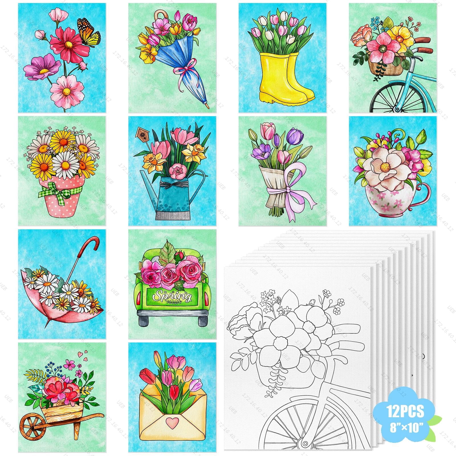 SHegdu 12PCS Pre-Printed Canvas Painting Set, 8x10in Spring Floral Theme Pre-Printed Canvas, with Reference Color Chart, Perfect for DIY Painting and Stress Relief
