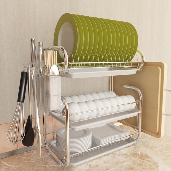 SHegdu 3-Tier Large Capacity Drain Rack, Multifunctional Kitchen Dishware Cutlery Cutting Board Integrated Iron Storage Rack, Household Countertop, White