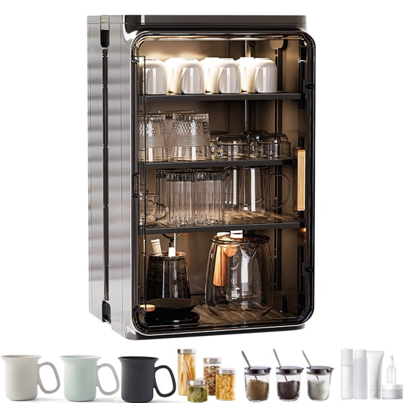 SHegdu Cups Storage Cabinet Dust-proof Tea Set Display Rack Multi-Tiers Desktop Stackable Organizers Shelf with Adjustable Partition for Beverage Beans Figurines Perfumes Cosmetics Organizer