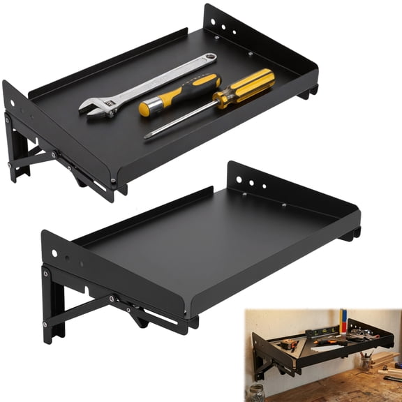 SHegdu Folding Storage Rack Metal Wall Mounted Adjustable Tools Rail Floating Shelf for Garage,Power Tools,Toolbox with Lip 100lbs Load (2 Pack)