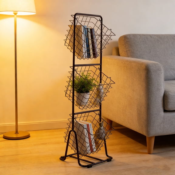 SHegdu Kitchen Storage Rack with Removable Baskets 3 Tier Metal Market Basket Narrow Display Stand for Toiletries Fruit Snack Vegetables Bread Beverages 42.7 inch-H