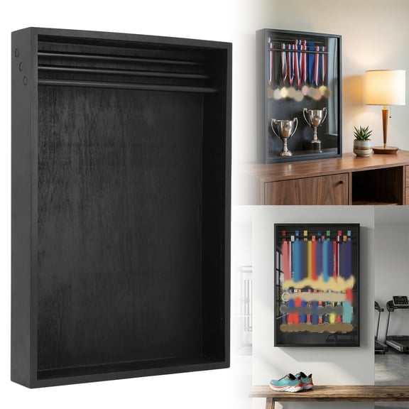 SHegdu Medals Display Shadow Box Dust-Proof Large Wood Medal Hanger holder with Trophy Shelf 3 Removable Hanging Rods Holds 60+ Organizer Awards 22 inch-H