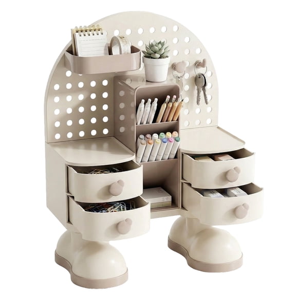 SHegdu 13.78In Desktop Pegboard Storage Box, Plastic Cartoon Design with Drawer and Pen Holder, Suitable for Office and Study Desk Organization(Coffee)