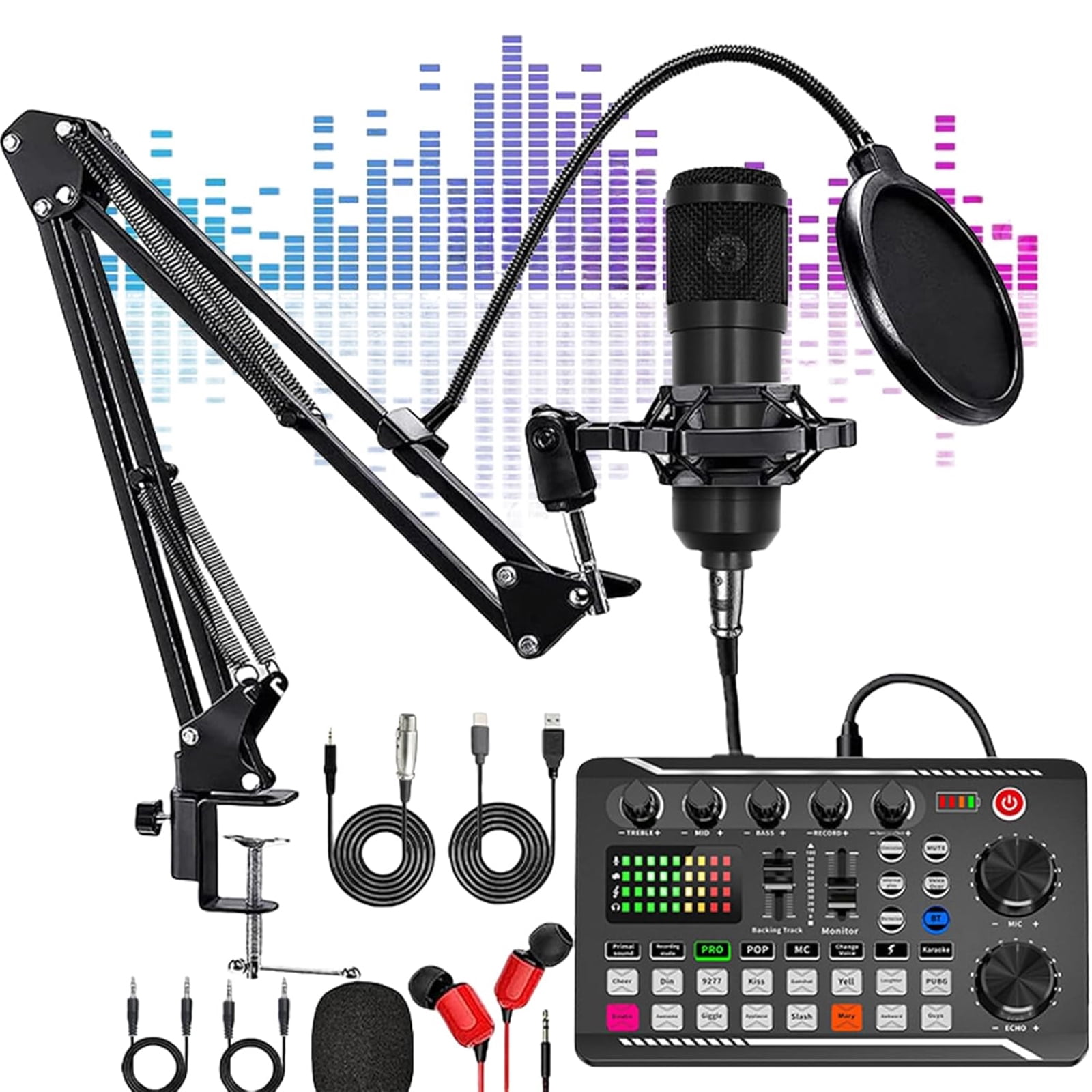 SHegdu Podcast Equipment Bundle Recording Studio Package with Microphone Live Sound Card Stand Wired Headphones for Live Streaming Singing Gaming (Black)