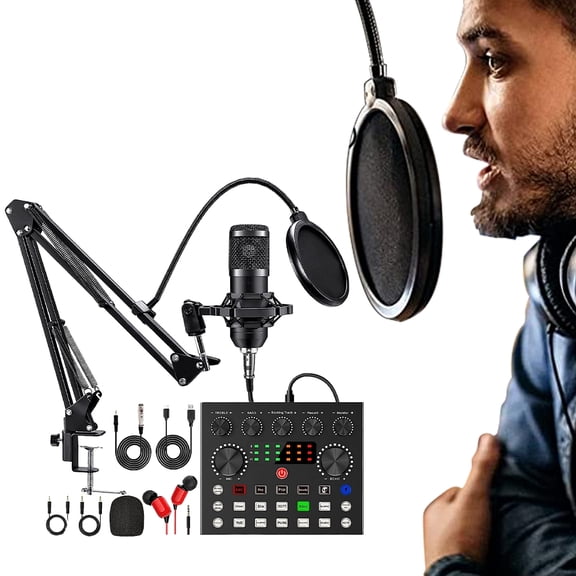 SHegdu Podcast Microphone Kit V8 Sound Card Superior Live Condenser Microphone Bluetooth DJ Mixer Metal Holder for Podcasting Live Streaming Singing PC