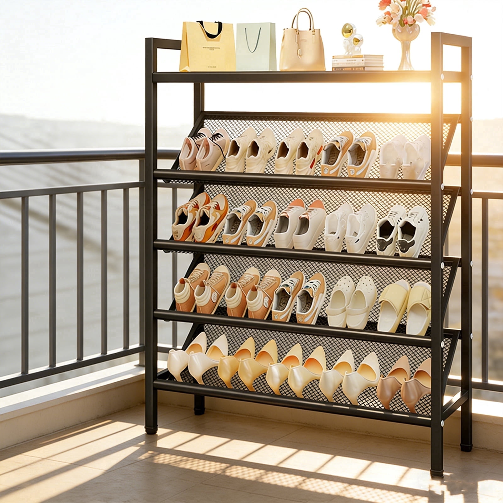 SHegdu Metal Shoe Racks,5-Tier Vertical Narrow Slanted Storage Shelf 25-30 Shoes for Bags Magazine Jewelry Display (Black, 35 inch)