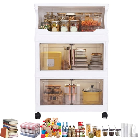 SHegdu Stackable Storage Bins 3 Tier Foldable Plastic Large Closet Organizer with Doors and Wheels for Snacks Toys Books Beverages Cosmetics Bedding (White Height-25 inches)