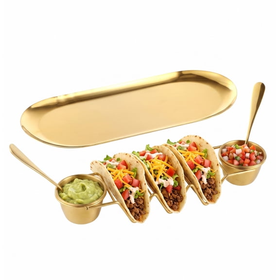 SHegdu Taco Holder Set with Plate, 2 Sauce Cups, 2 Spoons Triangular Steel Gold Serving Stand Tray for Home Dining Parties Buffet Camping