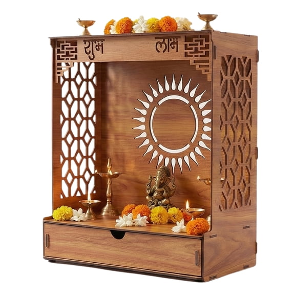SHegdu Wooden Temple Mandir Wall Mounted with Double Shelf Carved Hollow Design