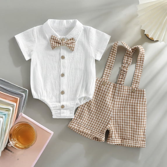 SHenli Boy 2Pcs Set Bow Tie Button Down Shirt Bodysuit Top Striped/Plaid Shorts Summer Outfit for 0-18M