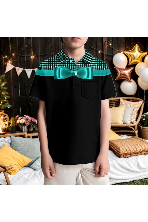 Boys Polo Shirt Patterned Button Closure Solid Color Short Sleeve Pocket Shirts Trendy Preppy Tops Clothes for Boy Size