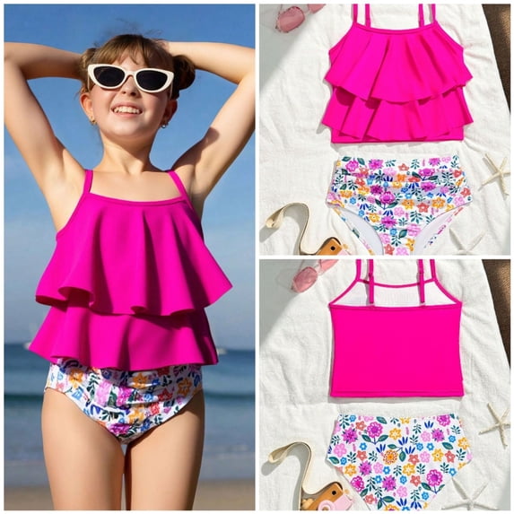 SHenli Girls One Piece Swimsuit Size 7-8 Sheer Mesh Girls Tankini Swimsuit Lightweight Contrast Color Girls Dress Up Beach Skirt Stripe Double Straps Hot Pink 7-8 Years