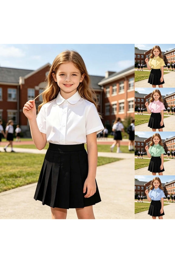 Girls Short Sleeve Peter Pan Collar Blouse, White Button Front School Uniform Shirt Yellow 4-5T