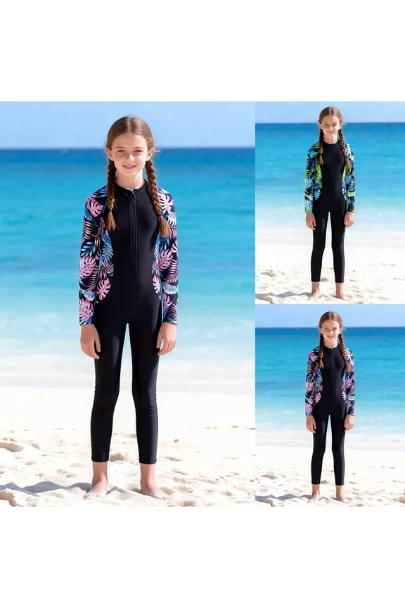 Girls Swimsuit Long Sleeve Bathing Suits Floral Print Full Leg Coverage Swimming Suit for Diving