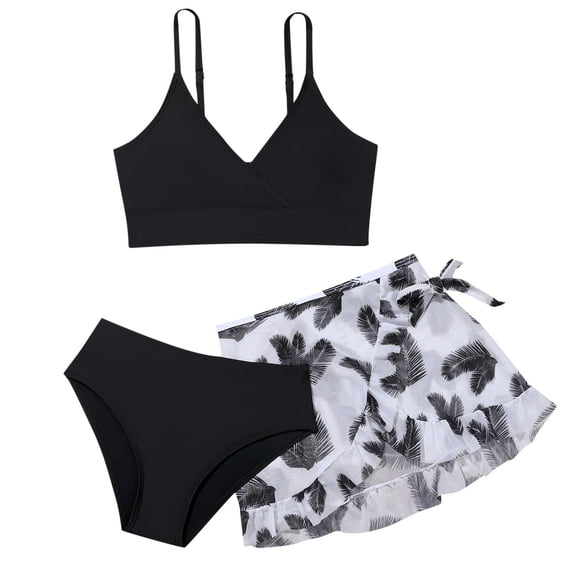 SHenli Girls Swimsuit Ribbed Bikini Set Adjustable Strap Tankini Sets 3pcs Girls Bathing Suit size 6 Contrast Trim Modest Swimwear