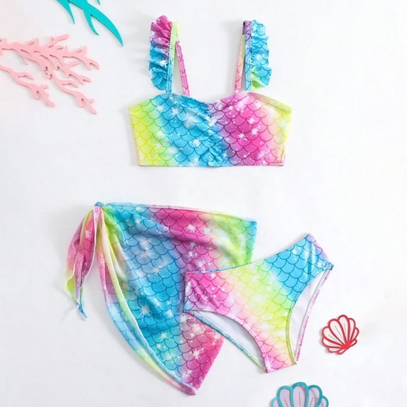 SHenli Girls Swimsuits Little Girls Bathing SuitsGirls Three Piece Swimsuit Cute Bow Print Tankini Top With Ruffle Shorts and Skirt Summer Beach Outfit Multicolour 6-7 Years