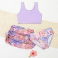 thumbnail image 1 of SHenli Girls Swimsuits Little Girls Bathing SuitsGirls Three Piece Swimsuit Cute Bow Print Tankini Top With Ruffle Shorts and Skirt Summer Beach Outfit Purple 5-6 Years, 1 of 4