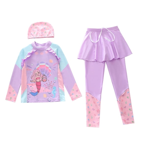 SHenli Girls Swimsuits Size 10-12 Bathing Suit GirlGirls Long Sleeve Swimwear Two Piece Rash Guard Top With Swim Skirt Bottoms Sun UPF 50