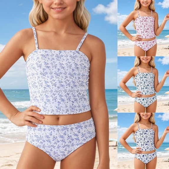 SHenli Girls Tankini Swimsuit 2 Piece Bathing Suits Floral Print Wireless Beachwear Set Swimwear for Summer Pool
