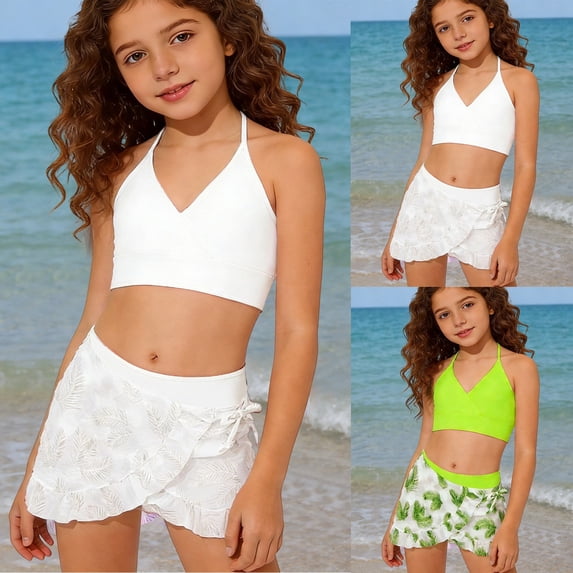 SHenli Girls Tankini Swimsuits 7-8 Ribbed Bikini Sets Drawstring Bottoms Girls Swimwear Tankini 3 Pieces Cute Ruffle Bathing Suits for Girls