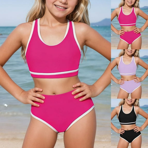 SHenli Girls Two Piece Swimsuit Soild Color Tankini Sport Swimwear Wireless Beachwear Set Swimming Suit for 4-12Y