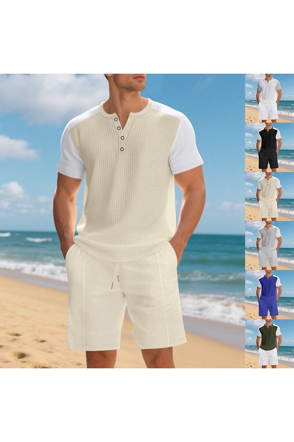 Mens Track Suits 2 Piece Set Button Top & Drawstring Waist Shorts for Beach Vacation