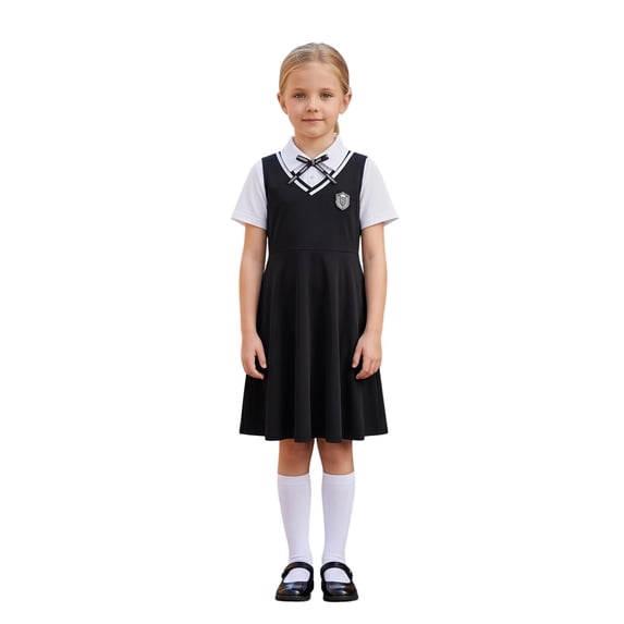 SHenli School Uniform Dresses for Girls 7-8 Years Jumper Uniforms Zip Back Knee Length Pleated Dress,Black