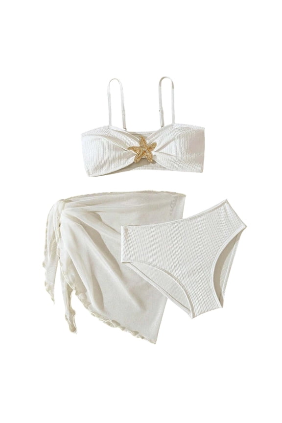 Girls Swimsuit Cute Ruffle Bikini Sets for Girls Tie-Straps Tankini Set 3 Piece Ruffle Bathing Suit Contrast Trim Swimwear with Cover Up Beach Skirt