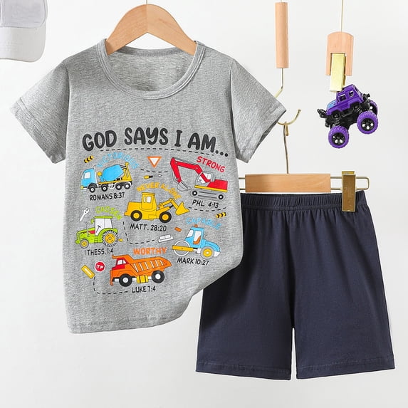 SHenli Two Pieces Sets for Boys God Says I Am Car Print Short Sleeve Set Soild Shirt Top & Shorts for Summer Hoilday