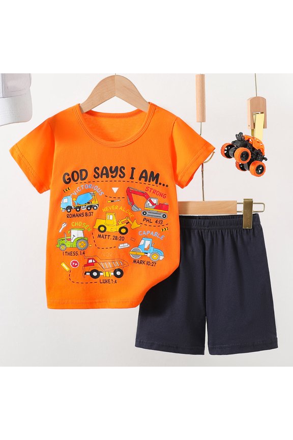 Two Pieces Sets for Boys God Says I Am Car Print Short Sleeve Set Soild Shirt Top & Shorts for Summer Hoilday