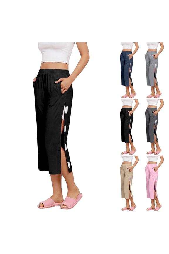 Women’s Post-Recovery Breakaway Capri Pants – Adaptive Wide Leg with Tear-Off Hook-and-Loop Closure Khaki S