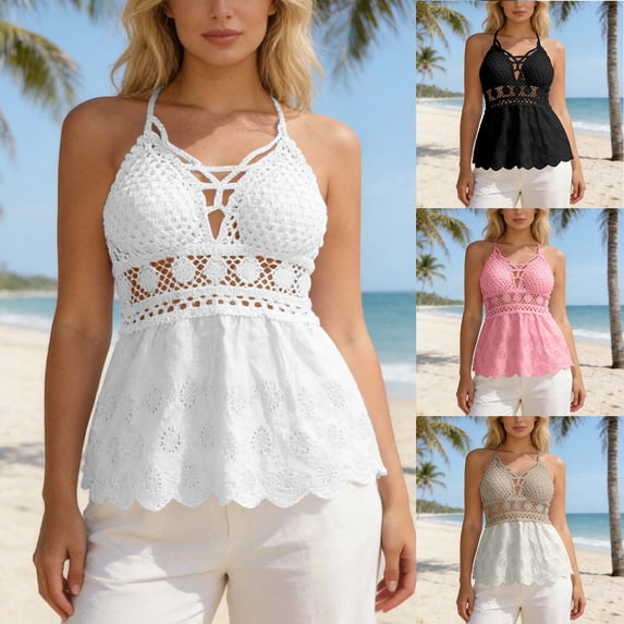 SHenli Womens Crochet Tank Tops Curved Hem Striped Short Sleeve Shirts Henley Going Out Basic Tees
