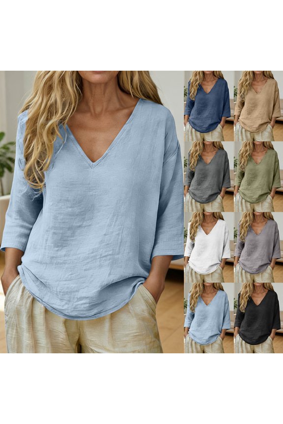 Womens Linen Tops - 2026 Summer Gauzy Shirts Plus Size 3/4 Sleeve V Neck Blouses Trendy Dressy Casual Loose Clothes Green XXL