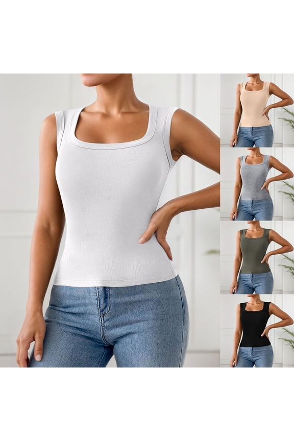 Womens Spring Tops Plunge Neck Cute Sleeveless Shirts Ribbed Drop Shoulder Boxy Tees