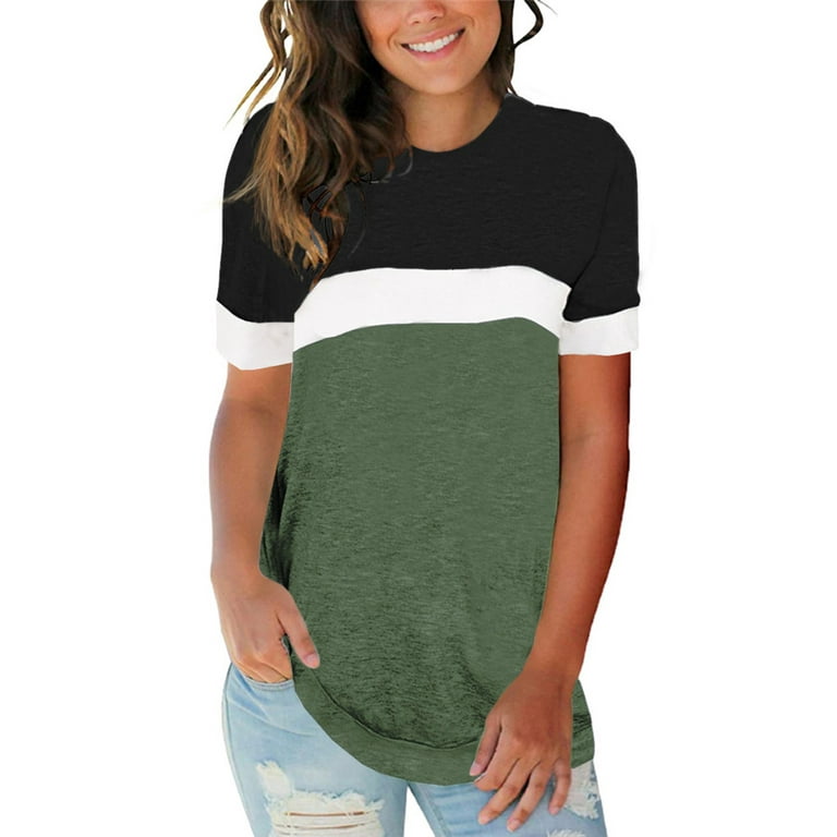 Sherrylily Womens Color Block Short Sleeve Tops Crew Neck Casual Loose Fit  T Shirts 